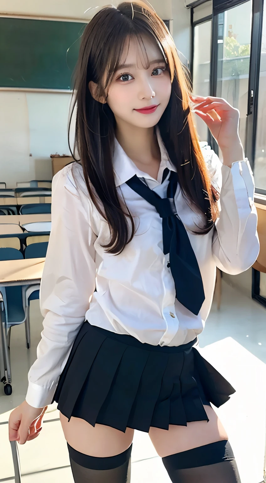 15-year-old female, (medium breasts), (Japan Schoolgirls), (white teeth), (smile:1.2), (laughter:1.2), (light brown hair:1.3), (bright hair), dull bangs, hair behind the ear, shoulder hair, (black eye), (Big eyes:1.2), (long hair), ( slender body shape), (Extra-fine face), delicate lips, (beautiful eyes), light blush, brown eyes, (shiny skin, perfect skin :1.3), (white shirt:1.3, Flared skirt in navy blue)