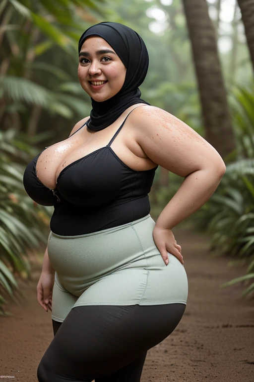 Raw, bestquality, masterpiece, Ultra-realistic, mid shot, ultra-detailed, korean, hijab, oiled body, big eyes, moaning deliciousness face, teeth seen, gigantic breasts, plump body, chubby, thick lips, wearing tight lace tank top, short leggings, standing at paddy fields, seducting pose