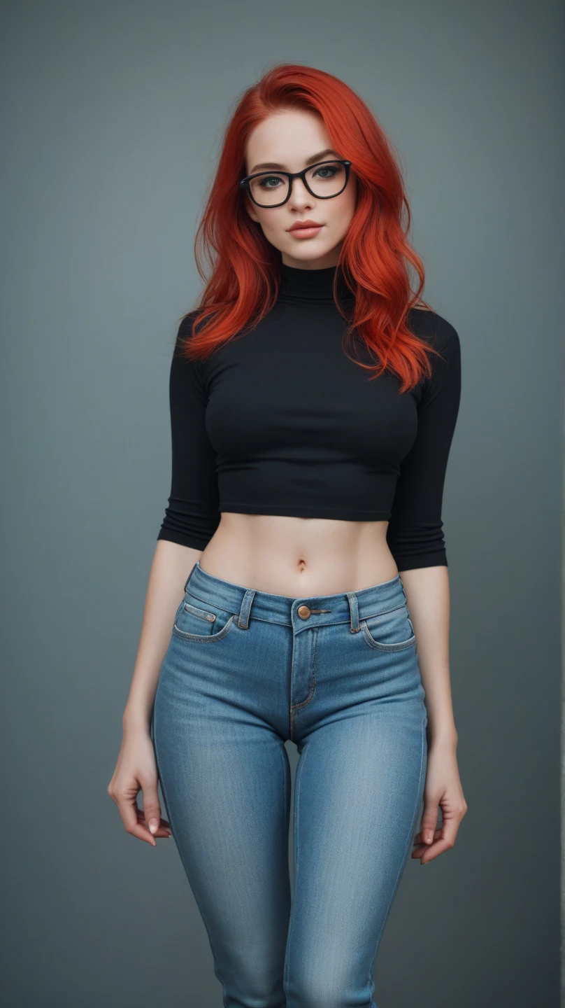 ultra realistic, photography, long red hair, girl, 24 years old, hourglass figure, perfect body, long legs, Flirty look, extremely detailed artgerm, in the style artgerm, small natural breasts, facing the camera, Nikon z fx, lens 35 mm, blur background, wearing a red top, wearing black skinny jeans