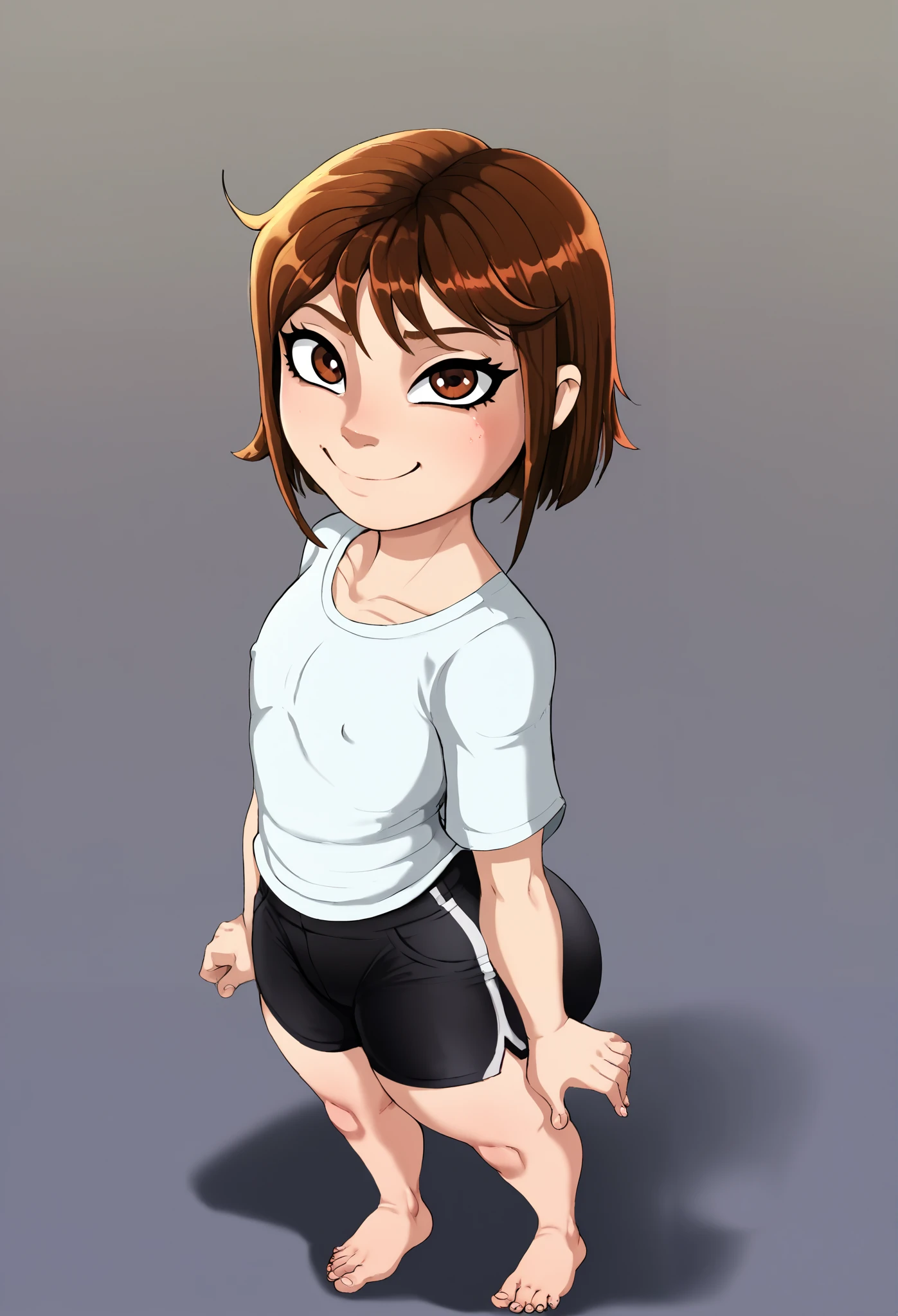 shadcom, shadman, shadbase artstyle, score_9, score_7_up, 1girl, solo, cute model face, white T-shirt with cute hearth, black bikeshorts, vibrant forest background, presenting, curvy, cute girl, , young girl, , short girl, jailbait, d, minor, solo, medium brown hair, brown eyes, middle school girl, age difference, innocent, ish, bratty, cute, immature, juvenile, younger girl, 120 cm in height, slimthicc, from above, ish, ish face, bratty face, shortstack, kindergartener, tight body, cheeky, frowning, looking up at viewer, early s, big bubblebutt, nice ass, big ass, thick thighs, long legs, bare feet, nice feet cute feet, 5 toes, presenting, tiny nipples, nipples aren't visible, flat chest, chest covered by shirt,