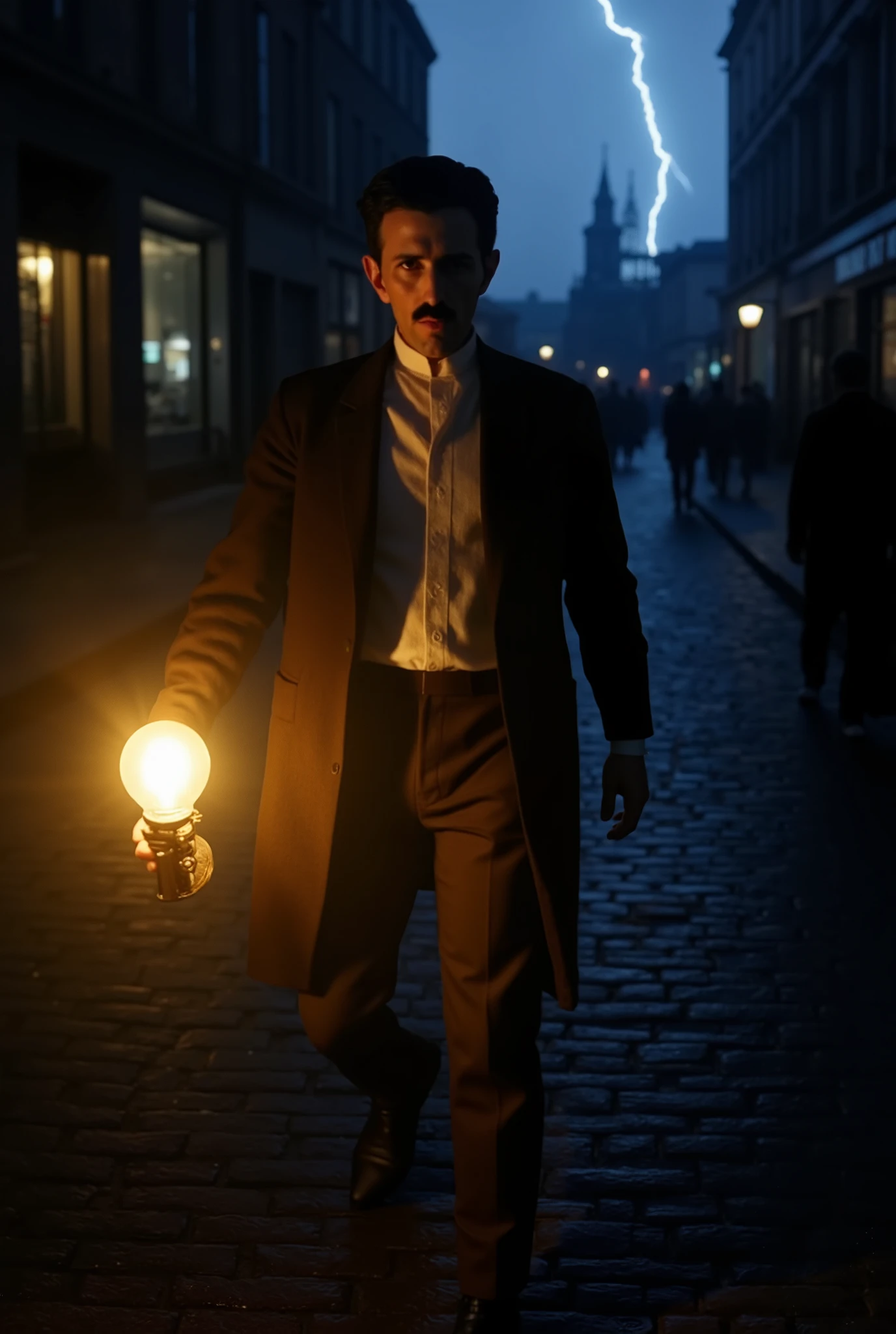 Nikola Tesla walks through the streets of Paris in the 1880s. It's a dark night, and the ground is wet. In his left hand, he holds an incandescent lamp that illuminates his face. The background is dark, and the atmosphere is calm. In the distant sky, lightning streaks across the sky, surrounded by a dense fog.