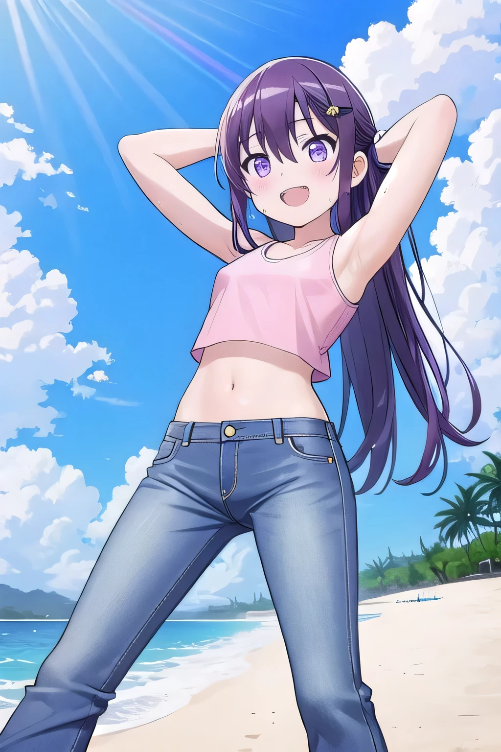 masterpiece, best quality, ultra detail, ((Perfect Face, perfect eyes, perfect hair, perfect arm)), 1girl, , petite, ((round face, ecstasy, orgasm face, drooping eyes, shame smiling, blush)), dropping eyes, sleepy, Open mouth, ((White teeth)), background((under the beach, (day:1.2), blue ocean, bright sky)), miku hatsune, ahoge, (purple eyes:1.4), (dark purple hair:1.7), crossed bangs, hair between eyes, hair ornament, (long hair:1.4), (straight hair:1.7), ((arms behind head:1.4)), ((contrapposto)), spread armpits, looking at viewer, (light pink tank top:1.5), (light pink crop top:1.5), (jeans pants:1.2, flares jeans:1.2, skinny jeans:1.2, blue jeans:1.2), standing, (legs spread:1.4), sexy pose, Sweaty crotch, Steam from the crotch, from below, whole body