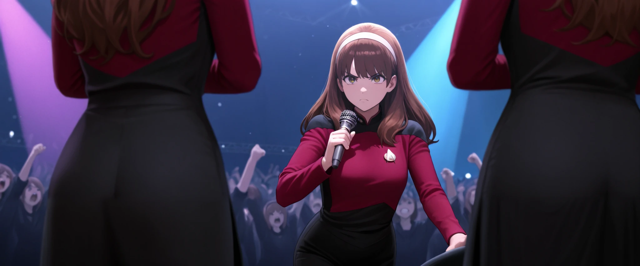 masterpiece,best quality, ,2girls,facing each other in frame,hairband , with microphone, brown hair,long hair,bangs,in a indoor rap battle scene club in hair,multiple colourful strobes lights,angry serious ,rapping on mic aginst her opponent on stage with crowd, TNG red uniform,black pants ,