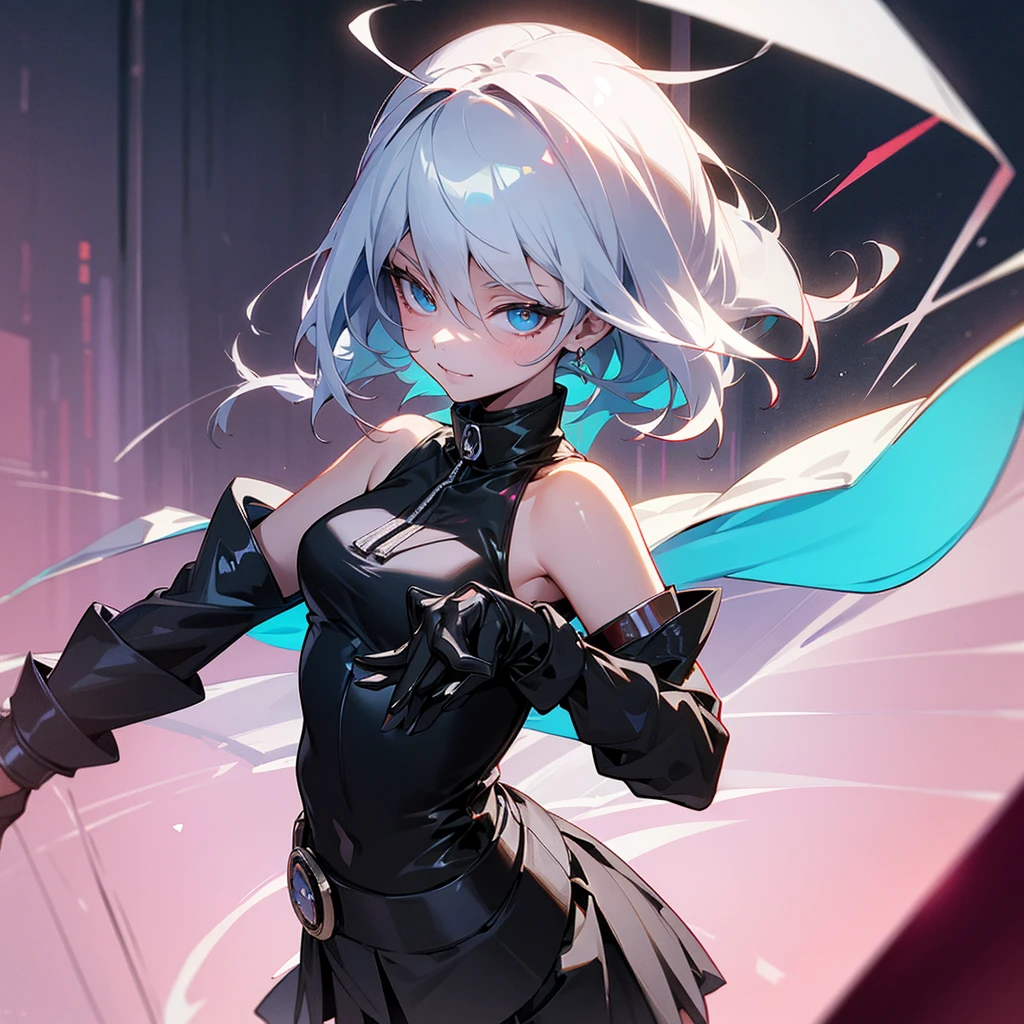 1girl,Wallpapers,White-haired ponytail,Purple pupils,(ninjartist),Wearing black ninja clothes,The right hand holds a short sword,Hold the magic array in his left hand,Mid-chest with scarf,Magic array background,Cyan light particles surround,Decorated with eye-catching green fire。