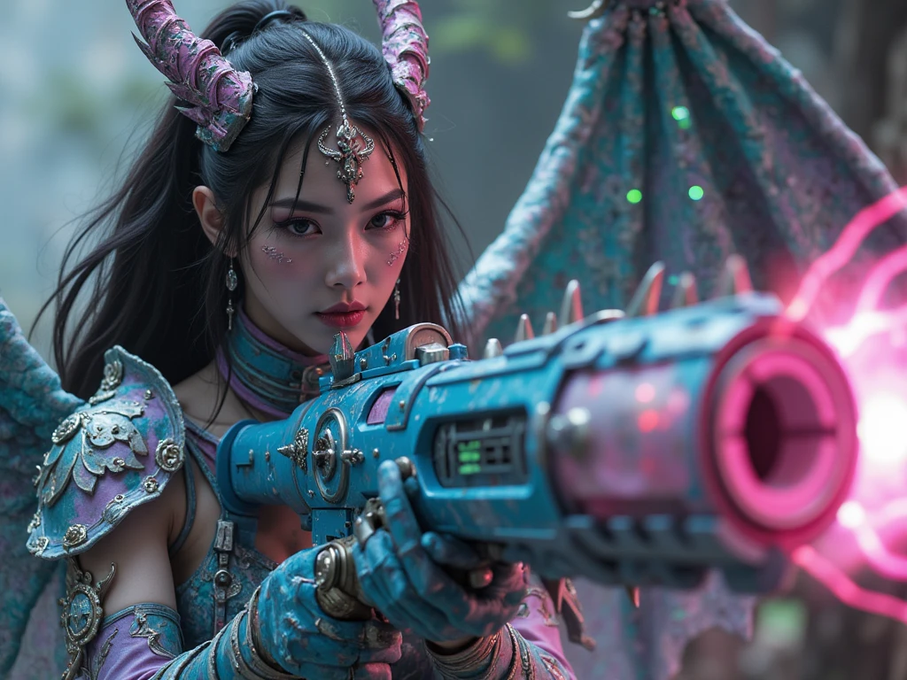 a creepy, imposing Indonesian women clad in pastel dragon girl costumes, Celtic braided hairstyles, ripped scarf, White inner shirt, slime, shimmering lights, dragon in background, whirls of vapor, iridescent textures, dragon scales, dragon horns, dragon wings, translucent scales, soft neon pink light, ethereal ambiance, epic pose. wielding an enormous, highly detailed mechanical weapon. The weapon is a gigantic blue futuristic heavy Cannon with yellow accents, covered in intricate mechanical parts, translucent pink tube and wiring, gears, and spikes, giving it a menacing appearance. dynamic angle