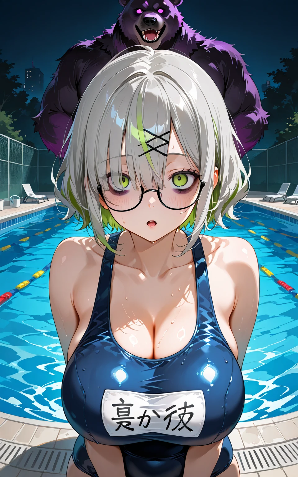 (There are a lot of people in swimsuits.)、in the center((Bluish silver bob))) Square frame glasses、 (((Sparkling blue eyeid-chest)Separate swimsuit))(Background sunset beach)