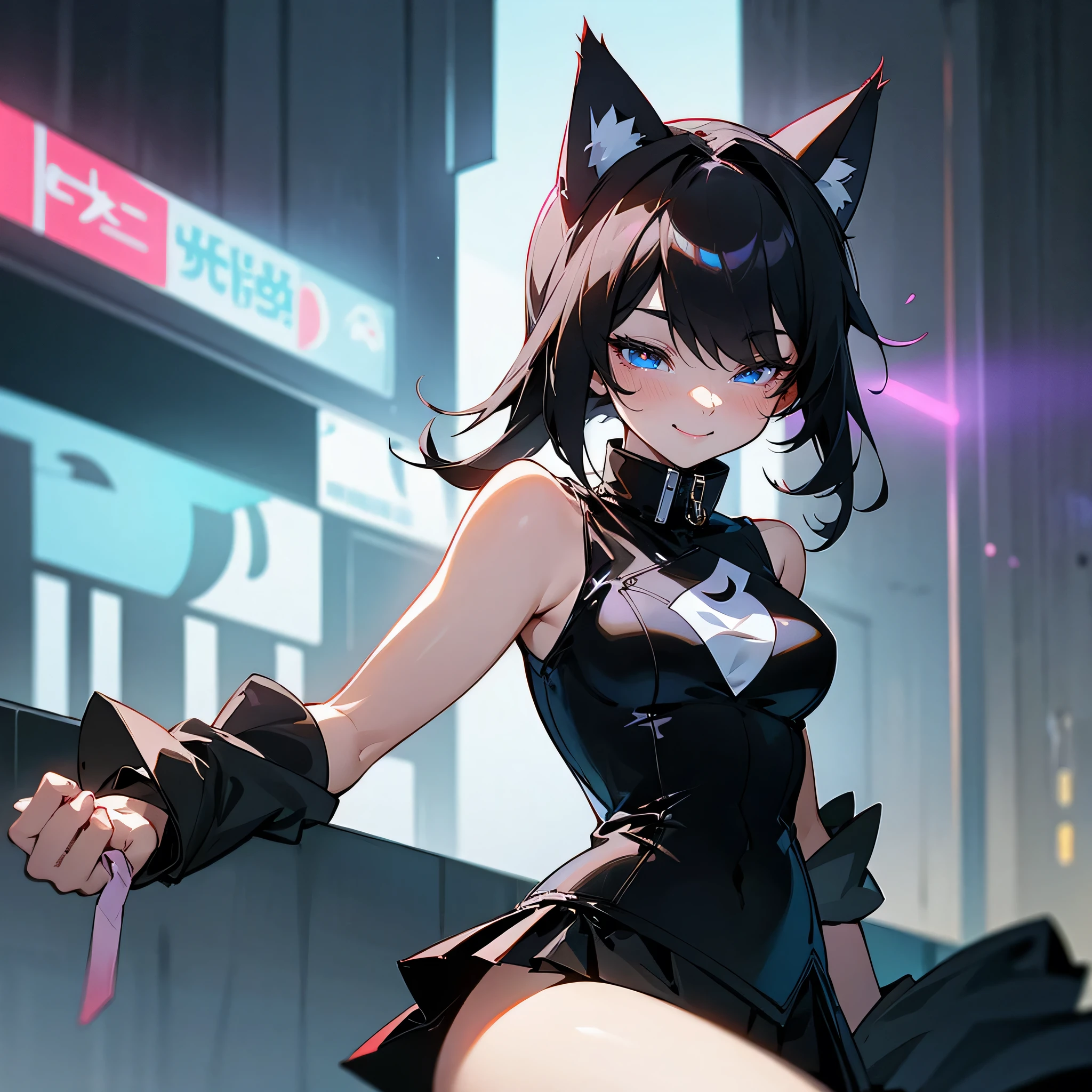 anime style photograph - there is a woman in a black and white outfit posing for a picture, short haircut, bob haircut, orange eyes, silver eyes, stoic facial expression, attractive cat girl, thicc