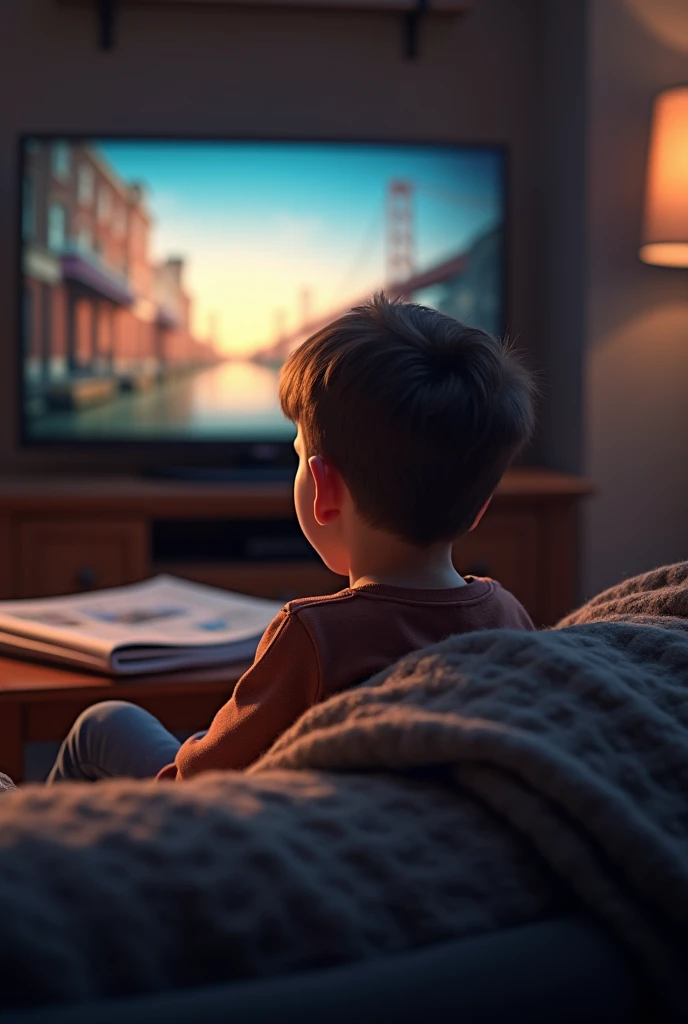 A 7- boy sitting front of tv
