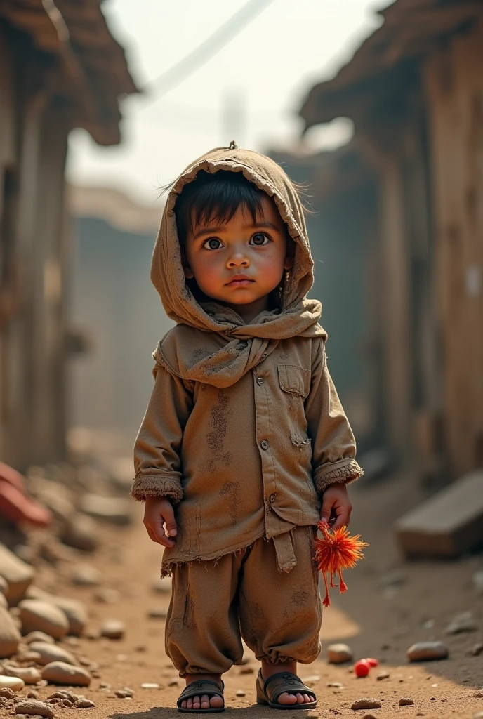 A , about 7 years old, white with brown hair and eyes, a commoner in tattered clothes in his village.