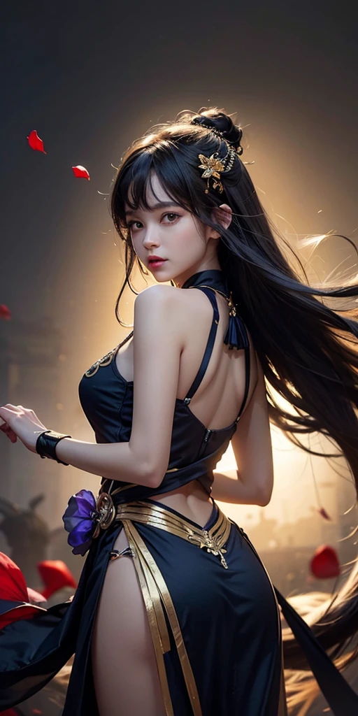 1girl, depth of field, official art, unity 8k wallpaper, ultra detailed, illustration, beautiful and aesthetic, masterpiece, best quality, knight, (big breasts), (milf, mature female), (black armor, armor, breastplate), beautiful face, (long hair, black hair, very straight hair:1.4, hime cut:1.4), blue eyes, cowboy shot, glowing skin, back lighting, athletic figure, muscular female, curvy, wide hips, colorful, looking at viewer, Hyperrealistic, gradient background, dark background, outline, fantasy, from the front, watercolor, traditional media, (chromatic aberration, intricate details), thick body, kim kardashan body type, ice queen, ice blades flying around,