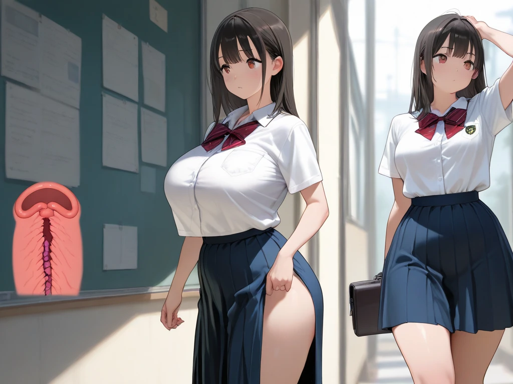 (Highest quality)、(One Woman)、(naked)、Huge boobs:1.5、 exposed、(exposed:1.5)、mini skirt、Thick thighs、Knee-high socks、In the classroom、(Embarrassed face:1.5)、Pitch Resuit