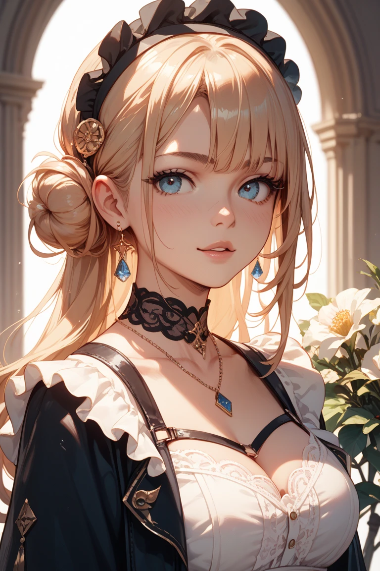 (best quality,4K,8 thousand,masterpiece:1.2),(front view)very detailed,beautiful and delicate eyes,beautiful and delicate lips,very detailed 눈과 얼굴,long eyelashes,1 woman,red lips,laugh,ponytail,illustration,Flower garden background,soft lighting,vivid colors,bokeh