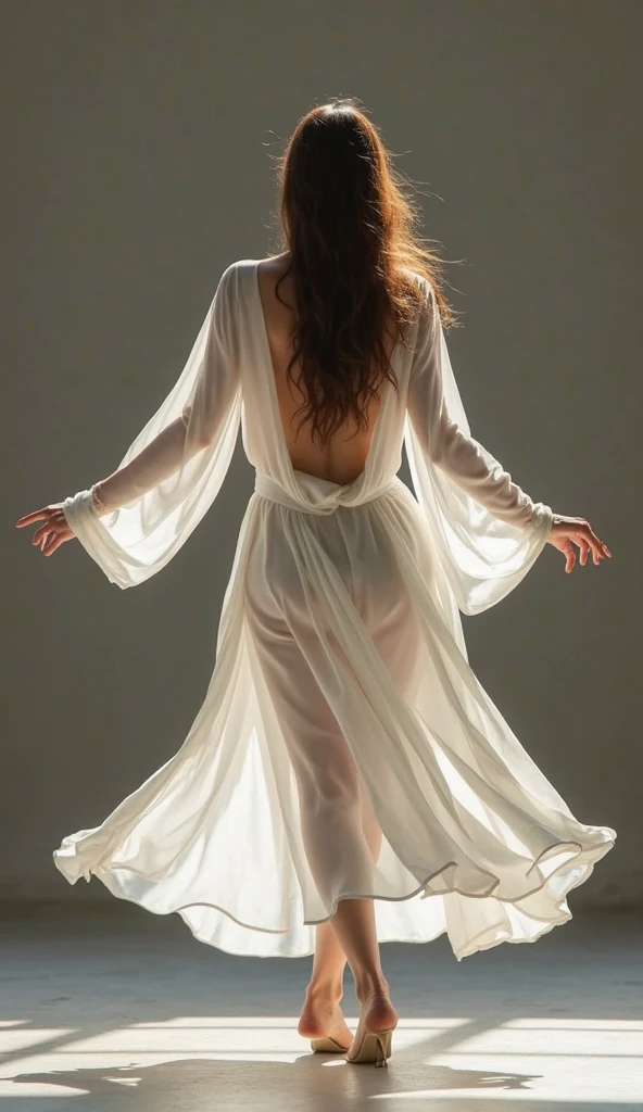 ((Masterpiece, top quality, high resolution)), ((highly detailed CG unified 8K wallpaper)), young woman, full body, fluttering thin robe wrapped around body, (photorealistic), nipples through robe,