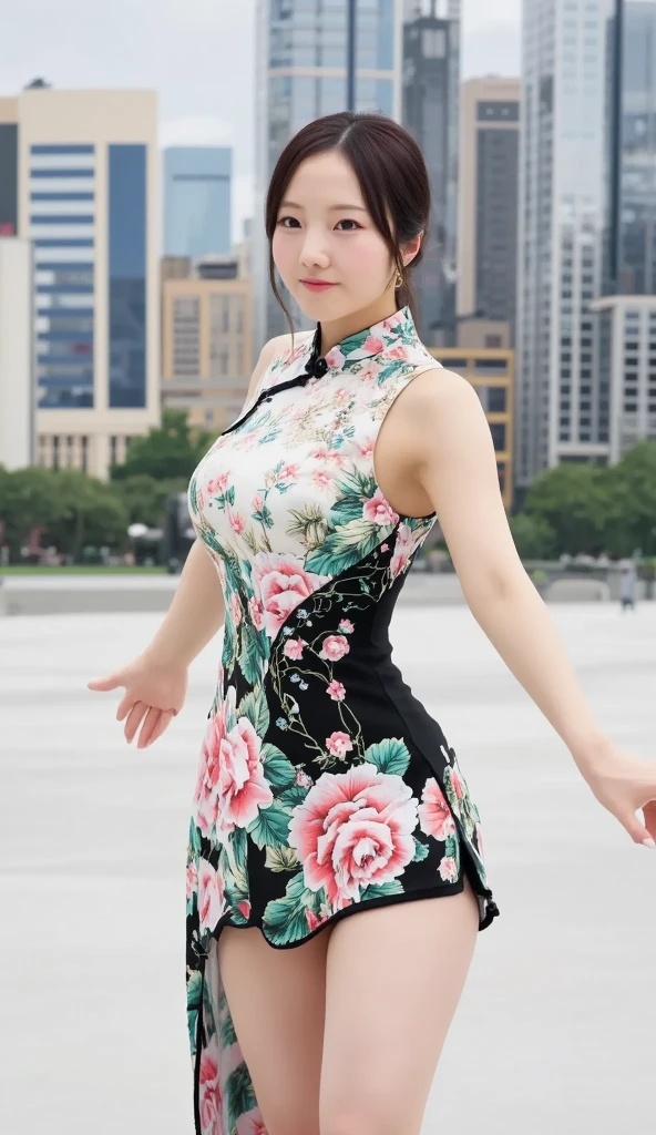 (8k, RAW photo, best quality, masterpiece:1.2), (realistic, photo-realistic:1.4), (extremely detailed 8k wallpaper), Japanese 20 age woman,she is wearing a cheongsam,The background is Chinatown,Her beautiful legs attract attention from all around her.She is embarrassed by the gaze of those around her,she is smiling,her hairstyle is a bun