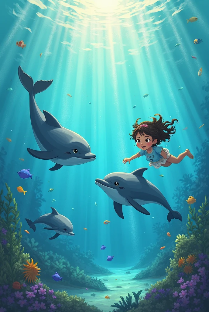 drawing of a small, very happy mermaid with black hair and a silver tail, next to a sea turtle wearing glasses and holding a book, also a small seahorse, a happy dolphin on its back and behind a large manta ray, They are all at the bottom of the sea