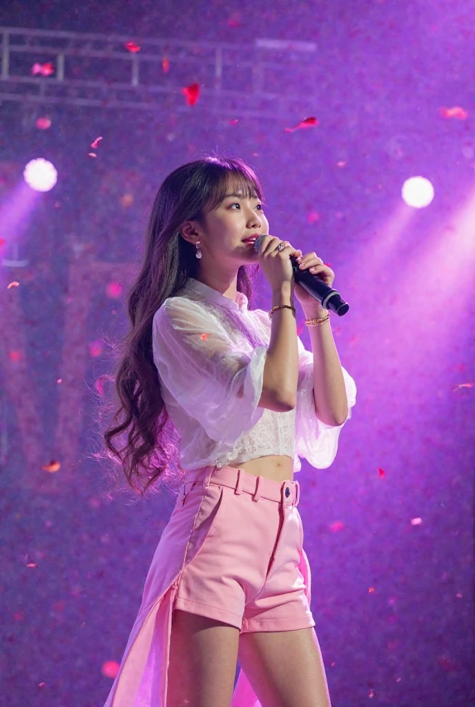 Woman singing into microphone on stage in bright spotlight, one girl, microphone, open mouth, big laugh, solo, black hair, long hair, open eyes, music, sing, scream, hold microphone , There are hands raised high at the concert Silhouettes with bright lights above the people, Crowd, Concert, Realistic, Beautiful, Model, Top quality, Masterpiece, Cute, Different poses, Clear faces, Ultra high resolution, High definition RAW, highest quality, 20 years old, 35mm lens, f/1, seductive smile, ,show on the stage,light up on the stage,Excited 100 audiences,dark room