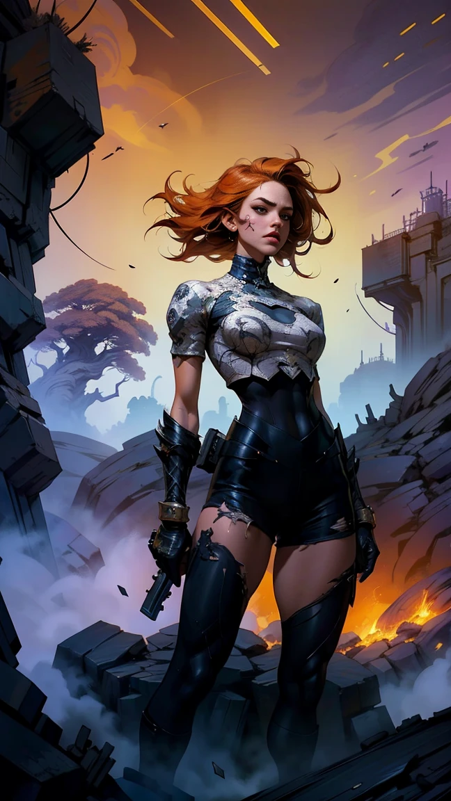 cute red haired woman, with bouncing breasts and cute pink bottom exposed in the style of Tony Sandoval and Ashley Woods art. Heavy Metal Music!
