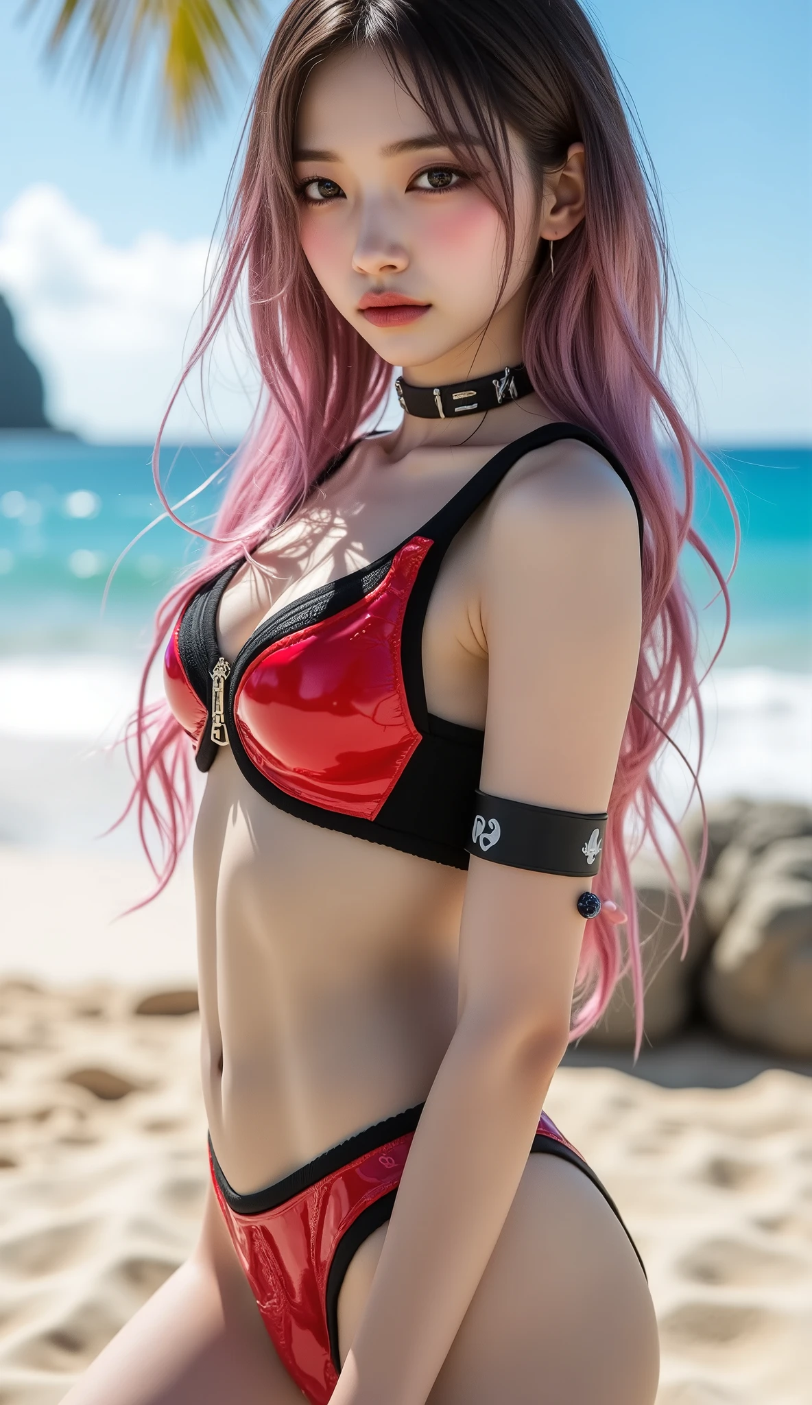 ((depicts a Korean pop idol girl。),(live-action),((full body shot with mahiru)),(( sunny tropical beaches and seas )),(The Valley of the Chest),(レディースロックとheartのデザインの赤と黒の皮製ビキニの水着),(smile),heart,choker,Arm band,(beautiful Korean idol makeup,beautiful lips,dark eyeshadow,long lashes),staring at the camera, Show view , beautiful hair, Pure Eyes , (Super Long Hair,Pink Gradient Color Hair,hair with a gentle atmosphere wrapped gently from the middle),(8k, Highest quality , masterpiece:1.2, trends),( anatomically correct, Ultra Detailed Skin ,Refers to 5 books )