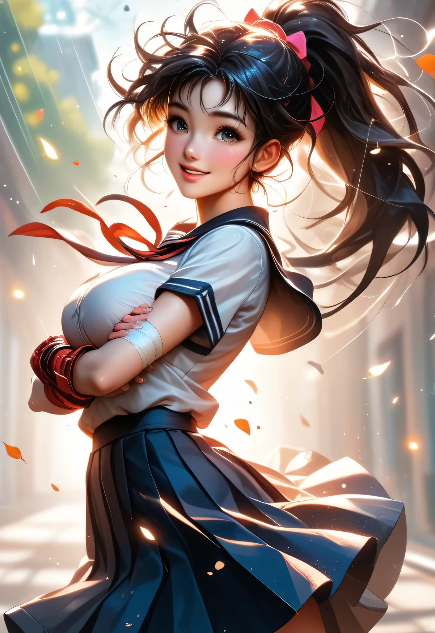 Score_9, Score_8_climb, Score_7_climb, Rank_clear, ((Headlights)), sunlight, thirsty face, Hot, Magic Light, Depth, Movie Light, warm lighting, dust, sunlight, thirsty face, Colorful, 1Girls, Cute , Student Uniform, dynamic pose , smile</translation>, Standing on the road, Pale skin, Arm bandage, fingerless gloves, black hair, Long Ponytail, Thin, split lips, Look at the viewer, Smooth skin, Tilt angle, Arm down, hands in front of skirt, กระโปรงถูกยกclimbด้วยลมจากด้านหลัง, side view, , perfect body, Big Breasts, hurricane background, Leaves fluttering , Floating sakura, Expressive H, Realism,