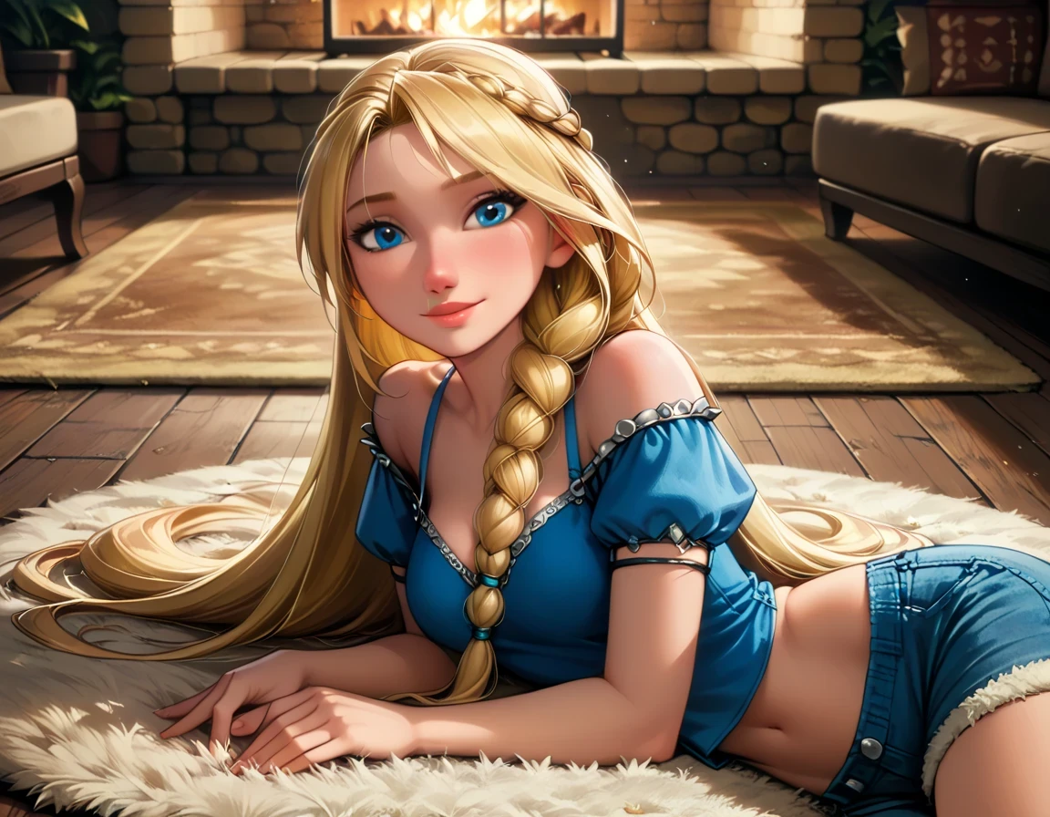 score_9, score_8_up, score_7_up, score_6_up, rating_questionable, cinematic film still, 1girl, solo, alone, very sexy (Astrid Hofferson, ASTRIDHOFFERSON, blonde hair, braid, Long hair, blue eyes:1.4), (beautiful waifu, thicc:1.5), wearing cute pajama shorts and top, short sleeves, navel, cleavage, filled lips, thick lips, (dimly lit living room, beautiful modern home, fireplace:1.1), (on side, lying, POV:1.2), laying on plush rug, gentle smile, shallow depth of field, vignette, dimly lit, expressiveh d4rk01l, perfect hands, perfect proportions.