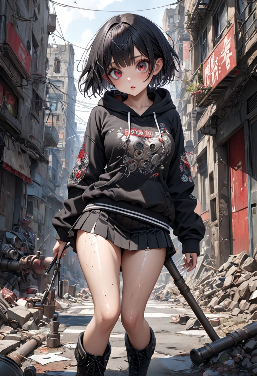 ((Highest quality)), ((masterpiece)), ((detailed)), (4K), 1girl, 独奏, short hair, black hair, (eyepatch), purple eye, crop top, leather jacket, Torn miniskirt, suspender skirt, torn pantyhose, panties, panties under pantyhose, choker, bracelet, erect nipples, rain, (wet), (expressionless), scowl, (from below), (looking down), looking at viewer, wasteland