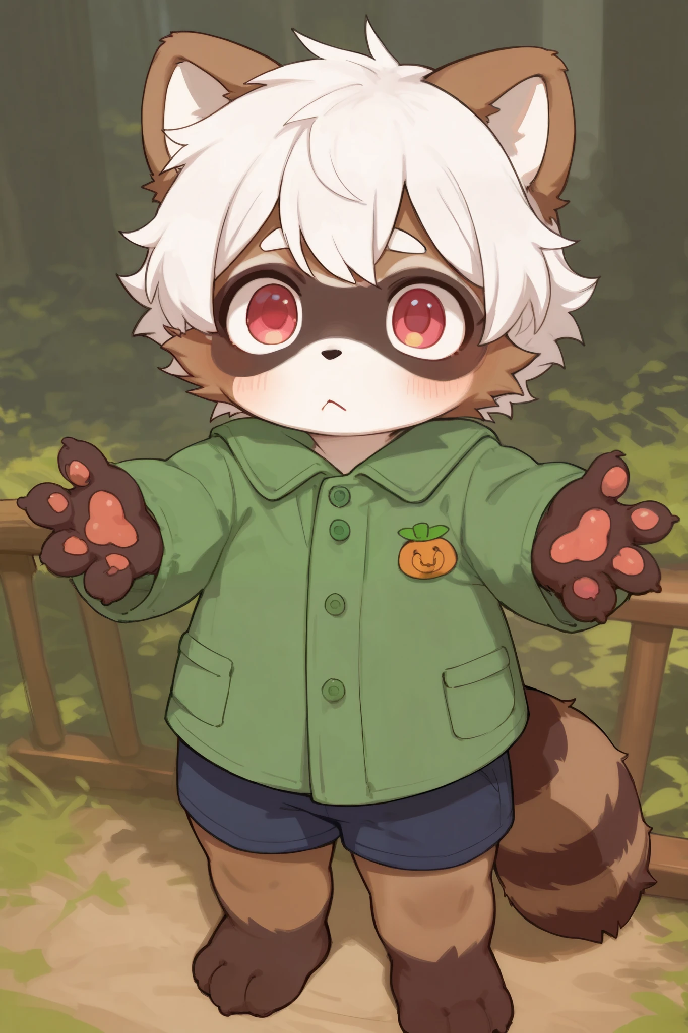 raccoon boy，furry boy， Toddler Characteristics，White hair，    brown skin    ，coat，   shorts，Pixel