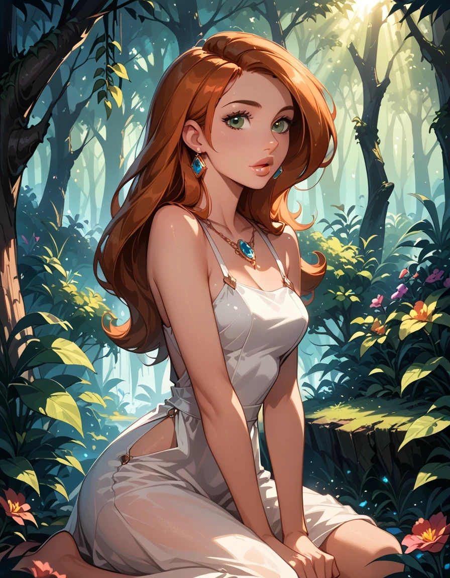 score_9, score_8_up, score_7_up, cinematic film still, 1girl, solo, very sexy kim possible, hair over shoulder, white dress, sleeveless, bare shoulders, filled lips, thick lips, OverallDetail, kneeling, in beautiful mythical forest, fantasy, flower, gem, glowing, light particles, sunlight, (face portrait:1.3), backlighting, dimly lit, expressiveh d4rk01l, perfect hands, perfect proportions.