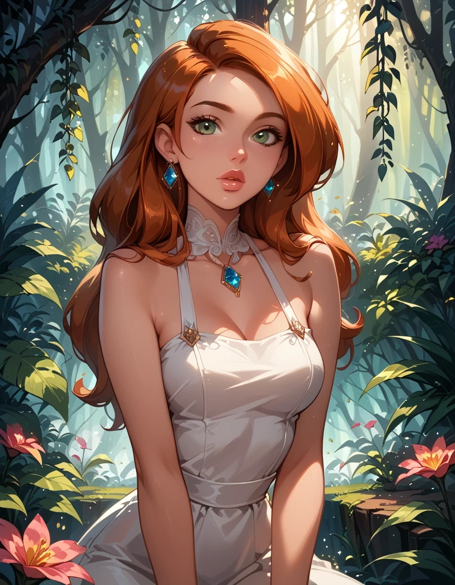 score_9, score_8_up, score_7_up, cinematic film still, 1girl, solo, very sexy kim possible, hair over shoulder, white dress, sleeveless, bare shoulders, filled lips, thick lips, OverallDetail, kneeling, in beautiful mythical forest, fantasy, flower, gem, glowing, light particles, sunlight, (face portrait:1.3), backlighting, dimly lit, expressiveh d4rk01l, perfect hands, perfect proportions.
