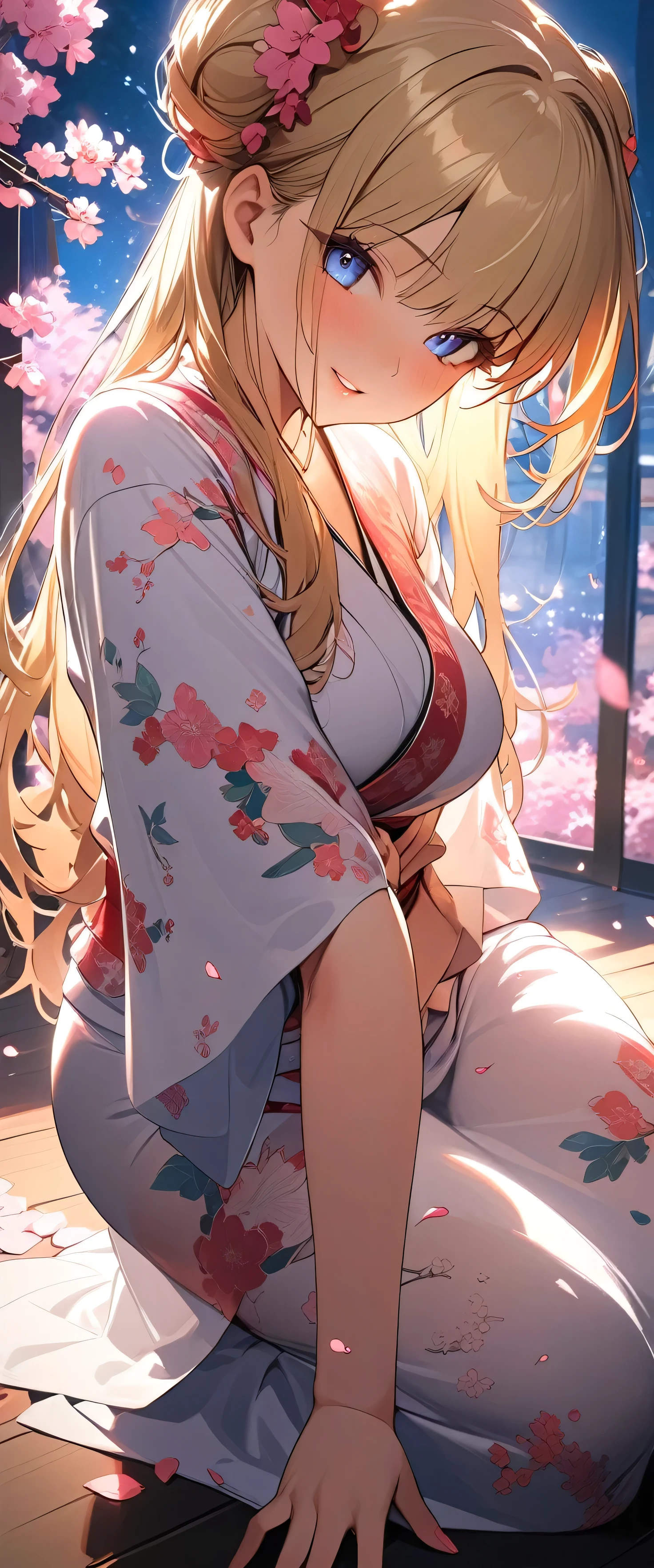(is on all fours and sticking her big butt out here:1.5),(She grabs the hem of her kimono herself and rolls it up to reveal her butt),(beautiful girl: 1.3),1girl,masterpiece, Highest quality, Ultra-high resolution,rich contrast,super high quality,8k,Highly detailed CG unit wallpaper,texture,Unbelievably absurd,Ultra-high resolution,RAW Photos,Depth of Field 1.2,double buns,blonde,Light blue eyes,(Beautiful and detailed kimono),blush,White skin,blonde,Long Hair,Beautiful glossy lips,Cherry blossoms standing all around , petals,Warm Lighting,(Big Round Ass),(Rear View:1.5),(((sweat))),