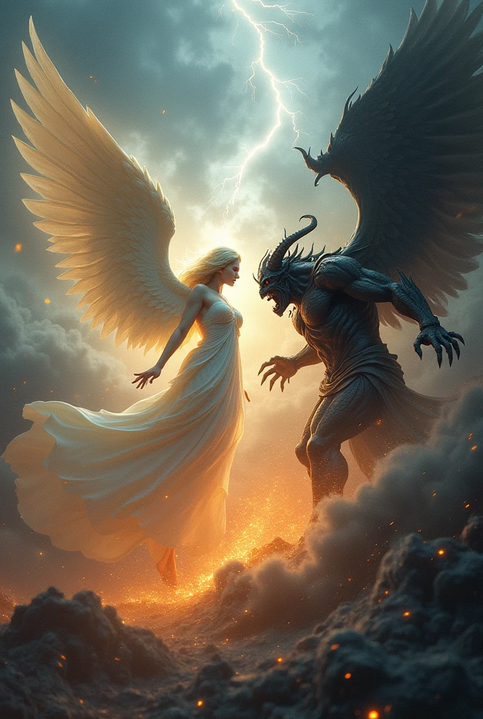 a painting of an angel and a demon, both female, standing on a cliff with a waterfall, angel in hell, angel vs devil, battle between Angels and Demons, diabo versus anjo, battle between good and evil, Angels vs Demons, heaven and hell, angel watching demon, Heaven vs. Hell, hell and heaven, Fallen angels, Angels and Demons, eros and tanatos, the final battle in hell