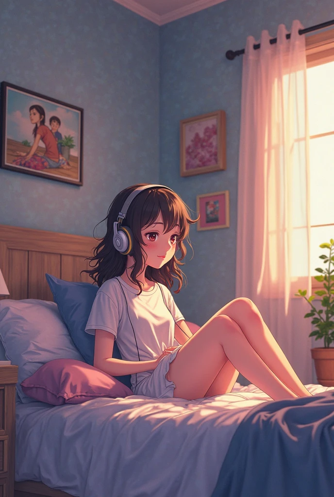 (Brown haired woman wearing headphones), (Listening to background music in the bedroom with the morning light streaming in), (Very detailed, masterpiece, Highest quality, bright), (Anime Style)
background: A bedroom with gentle morning light pouring in: Calm eyes closed, relaxed expression: Pajama Pose: Sitting on the bed、Scene of holding knees: On a quiet morning、Pleasant background music plays
