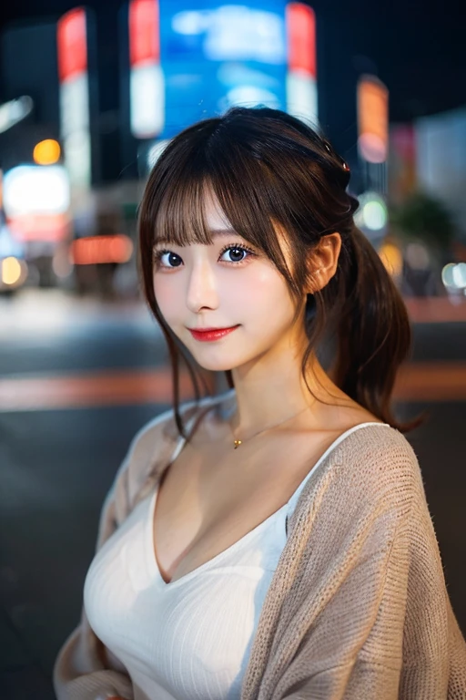 masutepiece, Best Quality, Illustration, Ultra-detailed, finely detail, hight resolution, 8K Wallpaper, Perfect dynamic composition, Beautiful detailed eyes, Women's fashion in winter,straight haired,small tits、Natural Color Lip, Bold sexy poses,Smile,Harajuku、20 years girl、Cute、Sexy shot looking at camera,nighttime scene