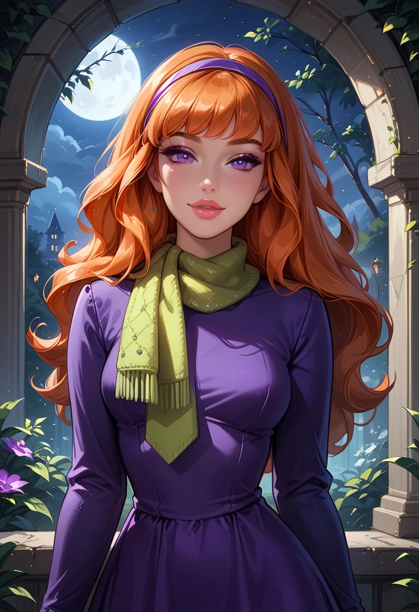score_9, score_8_up, score_7_up, cinematic film still, solo, 1girl, very sexy (EPsbdDaphne, orange hair, long hair, purple eyes, purple hairband, green scarf, short purple dress, long sleeves:1.3), beautiful waifu, thicc, flirt, gaze, sexy look, half-closed eyes, head tilt, filled lips, thick lips, sweet smile, makeup, sexy pose, confident, cowboy shot, haunted mansion, night, dark, expressiveh d4rk01l, perfect hands, perfect proportions.