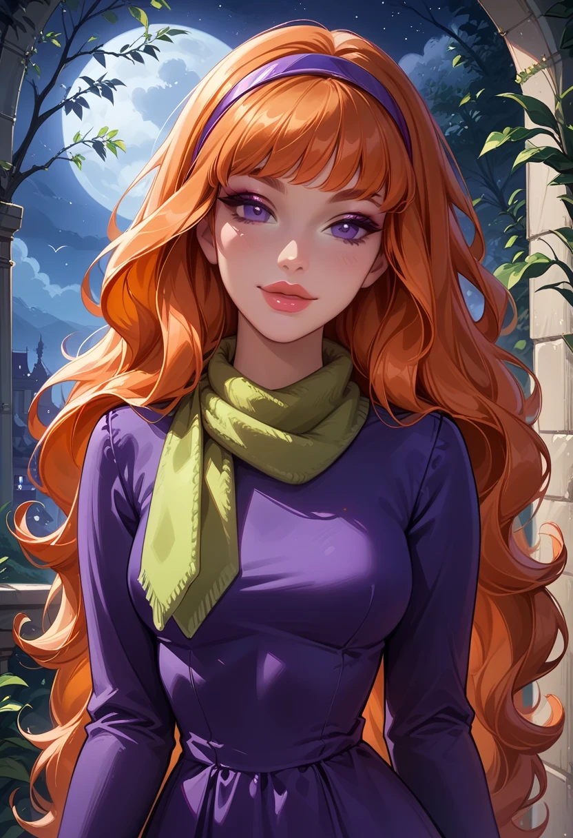 score_9, score_8_up, score_7_up, cinematic film still, solo, 1girl, very sexy (EPsbdDaphne, orange hair, long hair, purple eyes, purple hairband, green scarf, short purple dress, long sleeves:1.3), beautiful waifu, thicc, flirt, gaze, sexy look, half-closed eyes, head tilt, filled lips, thick lips, sweet smile, makeup, sexy pose, confident, cowboy shot, haunted mansion, night, dark, expressiveh d4rk01l, perfect hands, perfect proportions.
