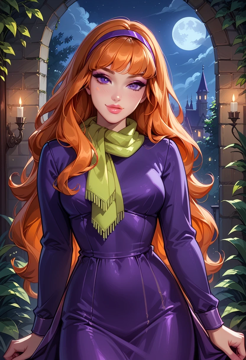 score_9, score_8_up, score_7_up, cinematic film still, solo, 1girl, very sexy (EPsbdDaphne, orange hair, long hair, purple eyes, purple hairband, green scarf, short purple dress, long sleeves:1.3), beautiful waifu, thicc, flirt, gaze, sexy look, half-closed eyes, head tilt, filled lips, thick lips, sweet smile, makeup, sexy pose, confident, cowboy shot, haunted mansion, night, dark, expressiveh d4rk01l, perfect hands, perfect proportions.