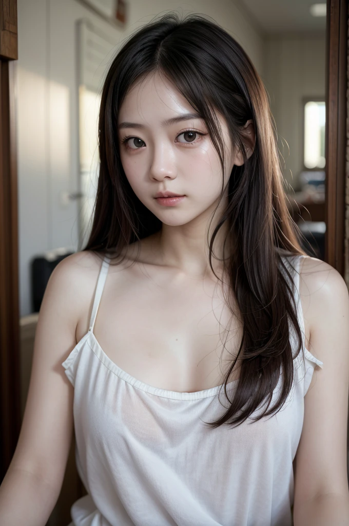 a close up of a woman with a white shirt on posing for a picture, reluvy5213, Yoshitomo Nara, realistic young gravure idol, japanese model, chiho, deayami kojima, sexy :8, rei hiroe, girl cute-fine-face, young gravure idol