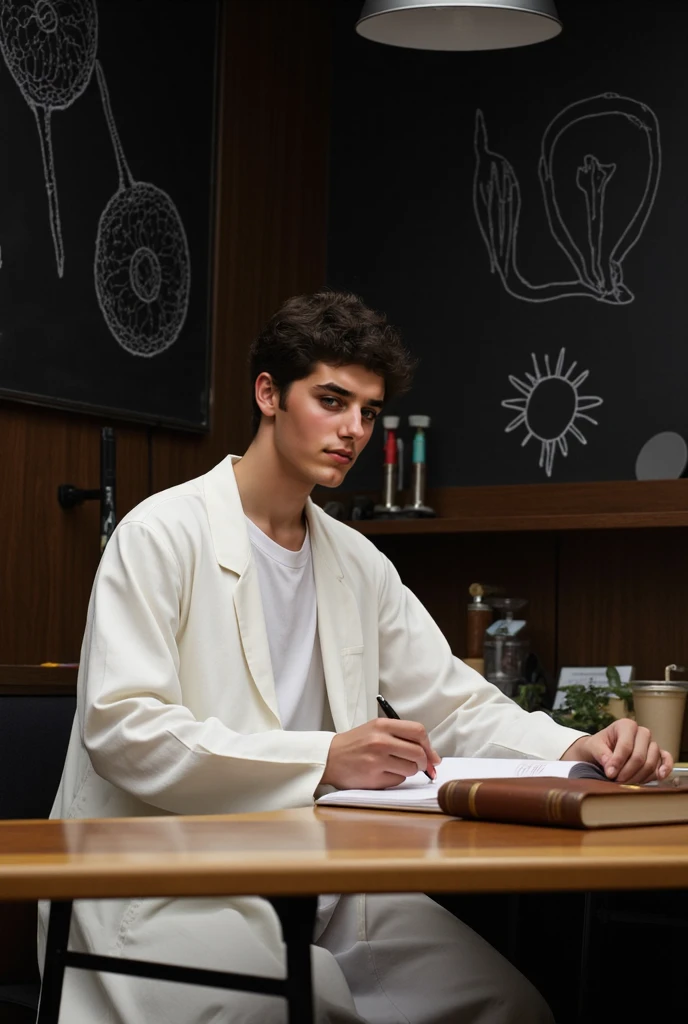 A beautiful young male twink, cute, with black hair and a face with makeup, wearing a bright white long-sleeved shirt and aqua blue pants, and he is in his office, and behind him is a blackboard on which is written the shape of the brain and its anatomy, and nuclear energy comes out of it, and he has a face with makeup and and. His eyes have dark circles under them as he sits studying with a huge medical book on surgery