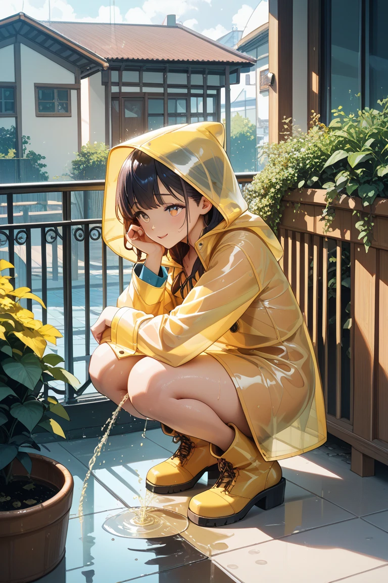 anime girl in yellow raincoat sitting on the ground in the rain, girl in raincoat, beautiful anime girl squatting, painted in anime painter studio, the anime girl is crouching, made with anime painter studio, smooth anime cg art, rainy wet, artwork in the style of guweiz, she is wearing a wet coat, kagamine rin, yellow raincoat