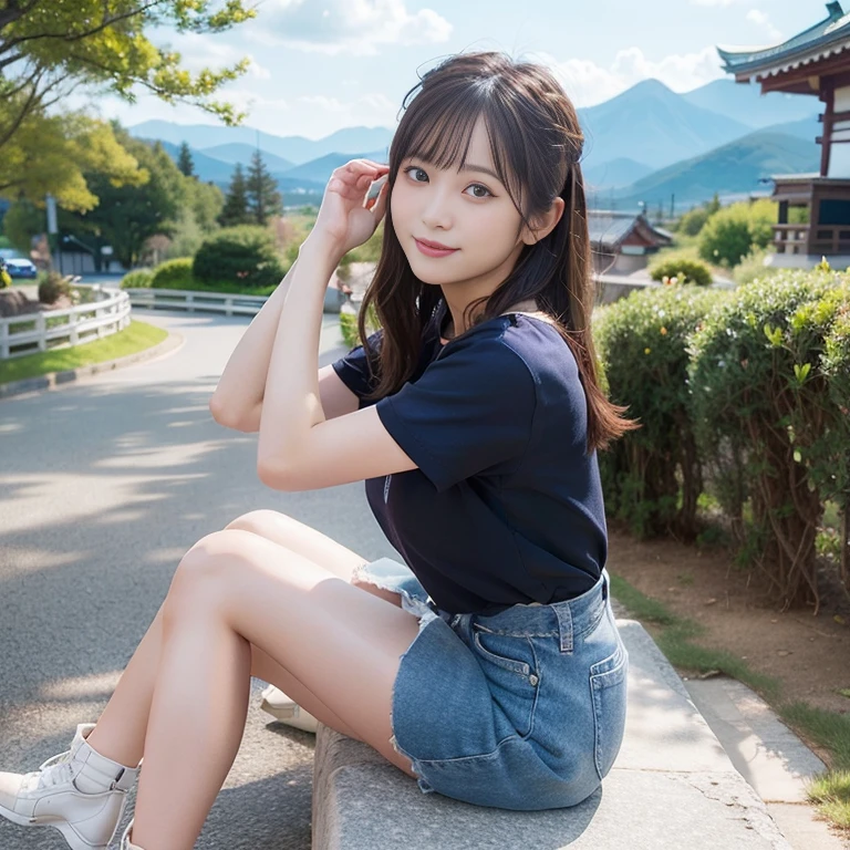 Cute hostess 18 years old in a blue miniskirt dress