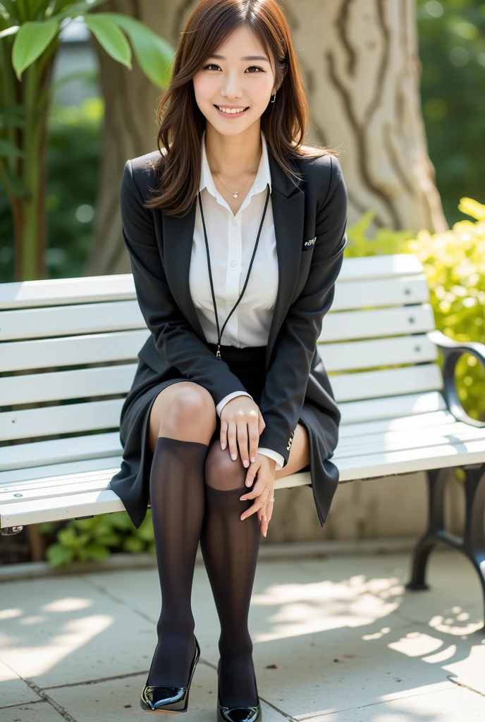 Pure young Japanese girl, natural body, beautiful legs, sitting, formal makeup, natural wavy hair style, sexual attractive, shiny white skin, wearing formal jacket and blouse and long skirt, shiny tights, high heels, sweet smile, sweet temptation, soft sunlight, professional pin-up portrait photography,