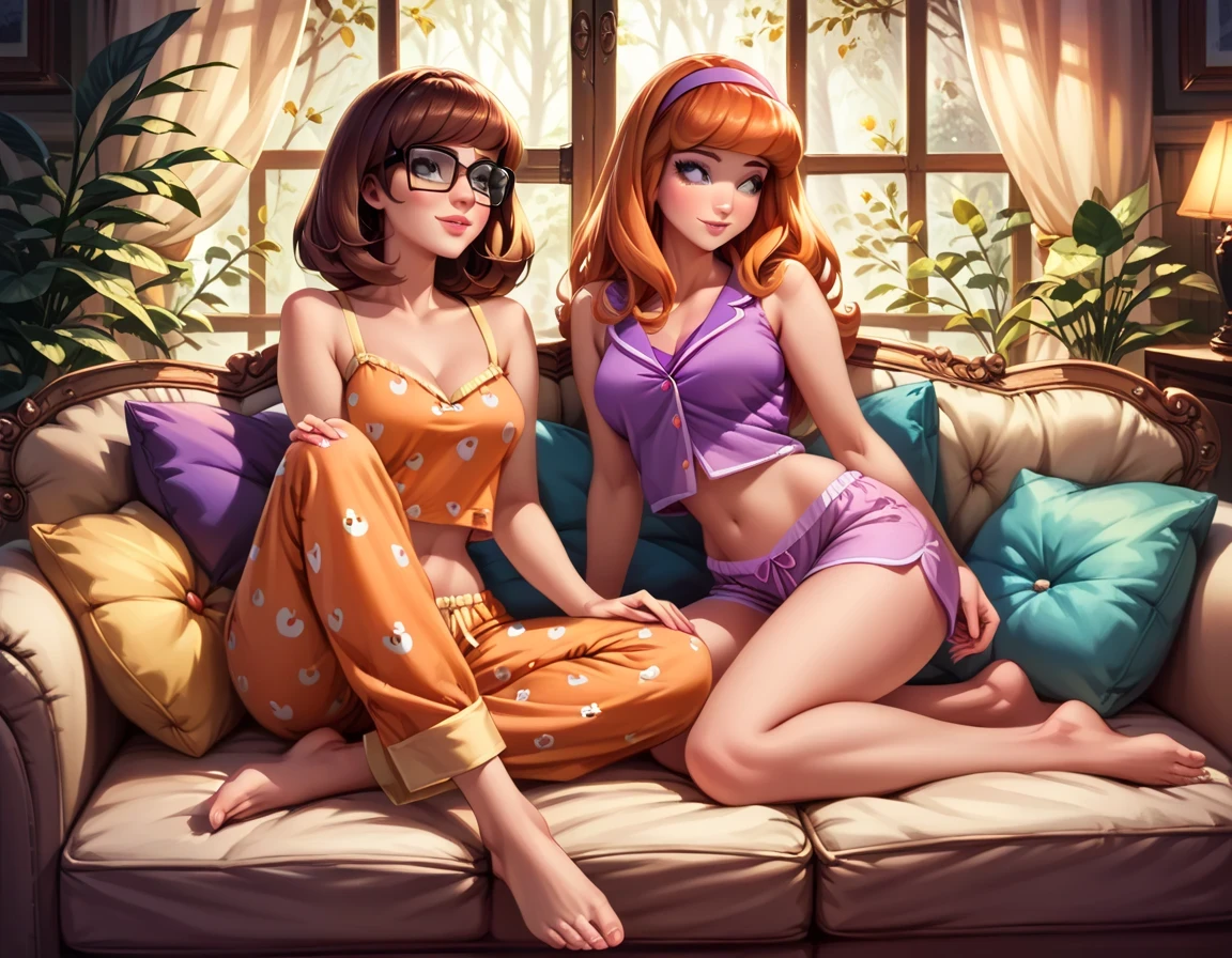 score_9, score_8_up, score_7_up, rating_questionable, 2girls, duo, beautiful waifu, mature women, (Daphne Blake, orange hair, wearing sexy pajamas, shorts, bare shoulders, bare arms, midriff, barefoot:1.4), and (Velma Dinkley, brown hair, wearing sexy pajamas, bare shoulders, bare arms, midriff, barefoot:1.3), modern living room, (sitting on large sofa:1.2), smile, (looking into each others eyes:1.1), eyes half-closed, filled lips, thick lips, detailed eyes, detailed face, dimly lit, perfect hands, (Hand, detailed, perfect, perfection, hands:1.2), perfect proportions.