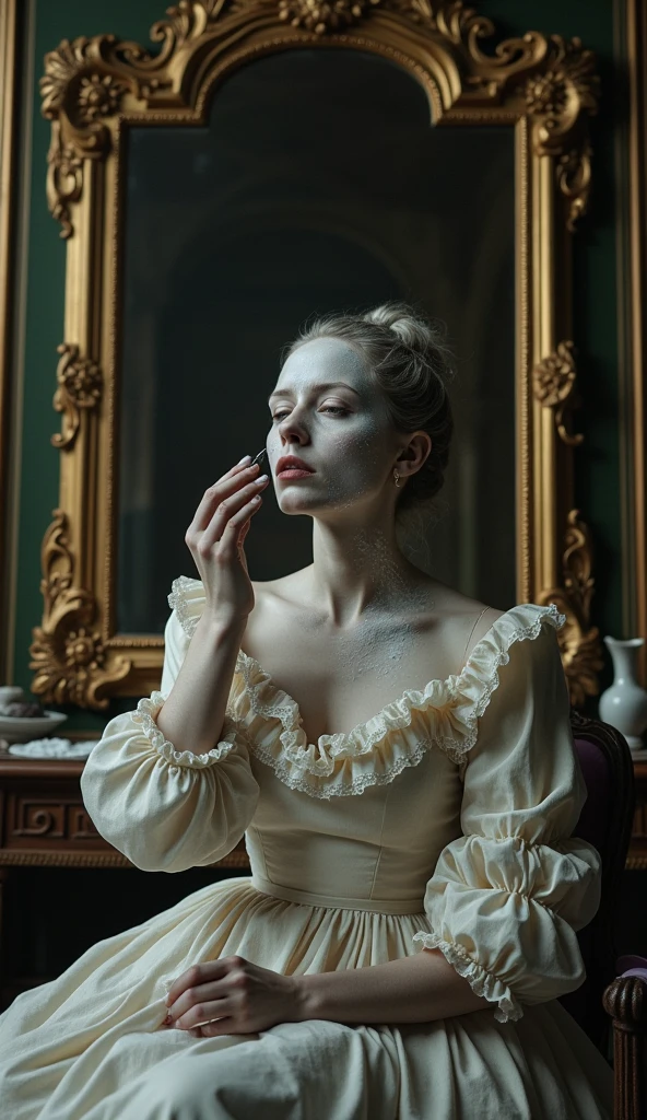 18th century used lead-based makeup to achieve a flawless, pale complexion ( create an image of 18th century where they are using lead based makeup to look beautiful, highlight the lead makeup)