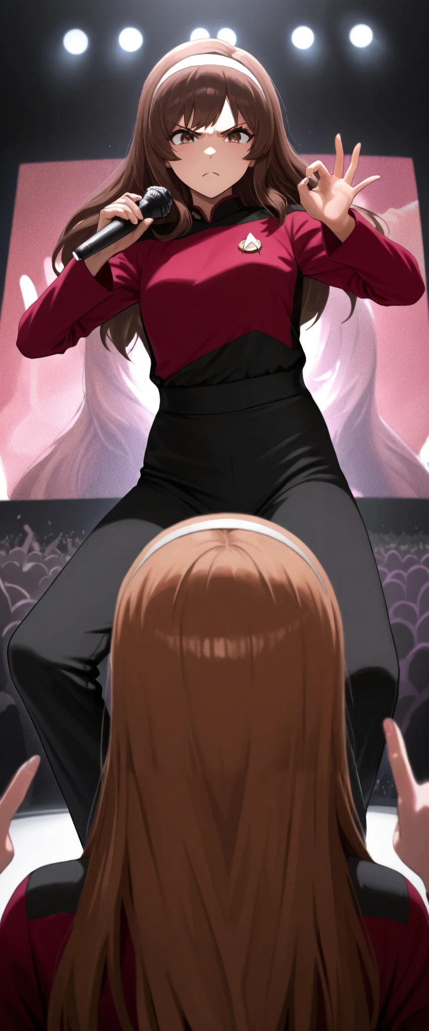 masterpiece,best quality, ,2girls,facing each other in frame,hairband , with microphone, brown hair,long hair,bangs,in a indoor rap battle scene club in hair,multiple colourful strobes lights,angry serious ,rapping on mic aginst her opponent on stage with crowd, TNG red uniform,black pants , rap gestures, gesturing