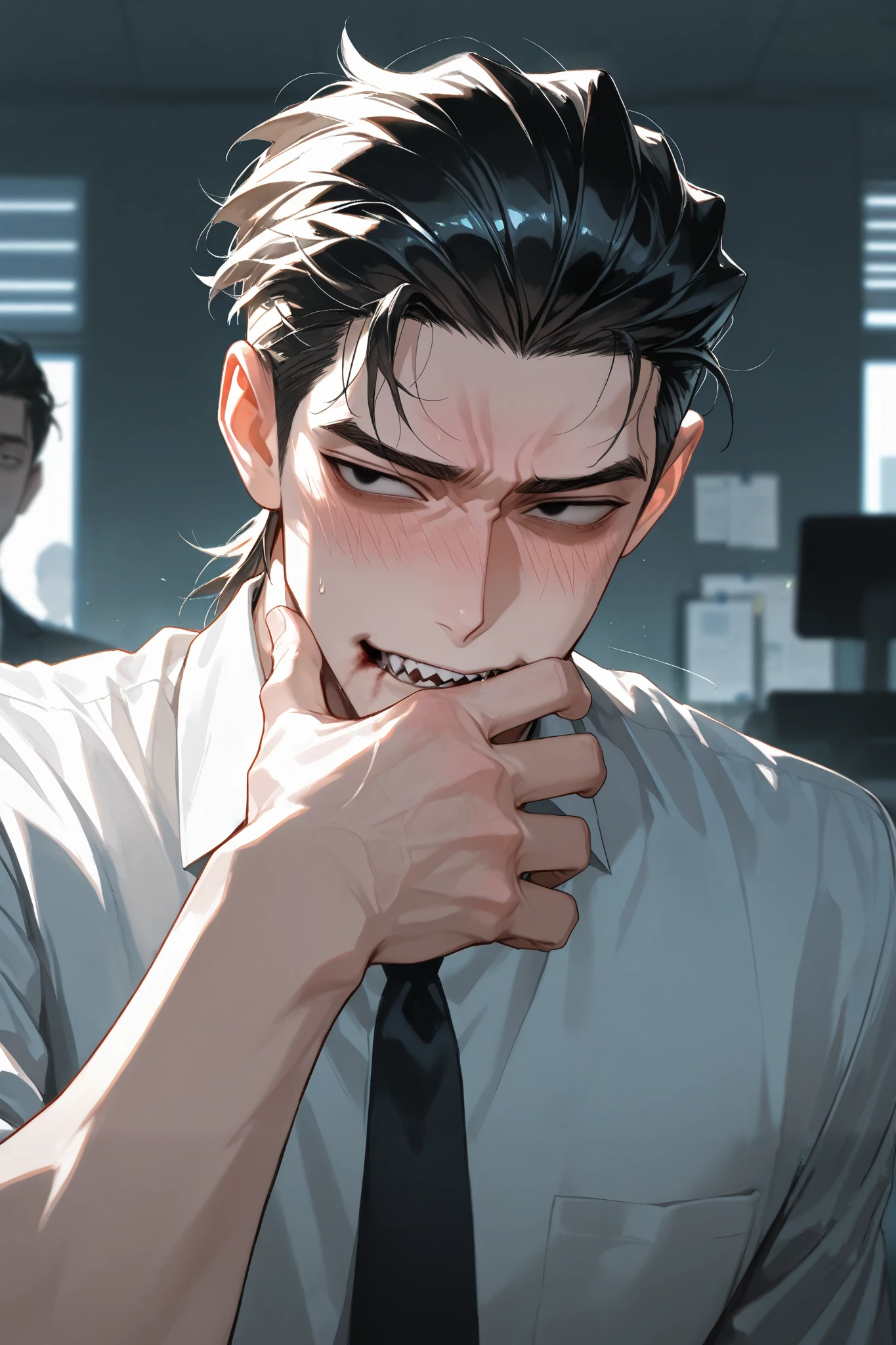 upper body, Averted gaze, 1 male, Black Slicked back hair, Sharp eyes, Black eyes, blushed, shy face, Office work, Hand covering a cough, detailed shading, high quality, ultra detailed, best quality, masterpiece