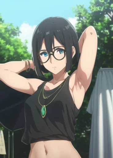 Shizuku Murasaki, 1girl, cute, black hair, short hair, glasses, expressionless, huge breast, ((tanktop:1.5)), (front view, upper body, looking at view), (masterpiece, high resolution, best quality, anime colored, anime screencap, 8k, photorealistic), denim, inverted cross chain necklace, (perfect detailed ???????, beautiful detailed eyes&hair, beautiful detailed body&clothes), sunshine outdoors