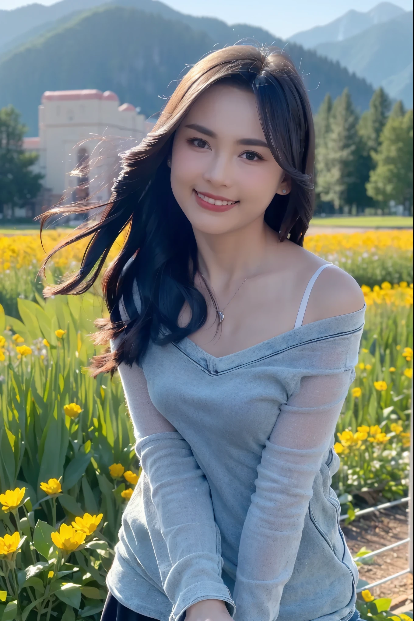 (masterpiece, best quality:1.2, 8k RAW photo, girl, solo, natural soft lighting), running in flower field, mountains background, looking at camera, the wind is flowing her hair, little smile