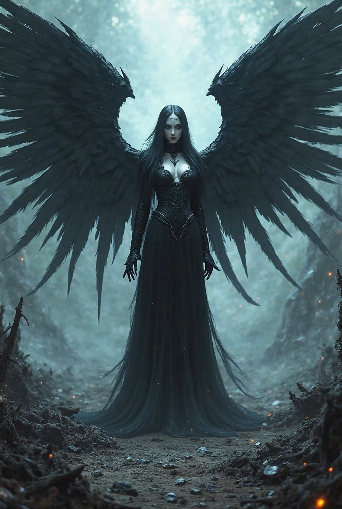 cloaked woman, female necromancer witch winged AngelicStyle <lora:SDXLAngelic:0.6> , at the edge of a forest, under the canopy, foliage in foreground, ferns, rocks, wild flowers, shallow depth of field, mountains, glen, loch, #cinematic, dark, night, moonlight <lora:Scotland:0.6>, majestic watercolor painting