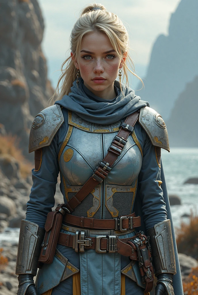 An illustrated movie poster, hand-drawn, full color, a teenage Jedi, 18-years-old, female, wearing a flightsuit, athletic hourglass figure, busty bosoms, full wide hips, massive round butt, long shapely legs, ridiculously thick powerful thighs, pale blue eyes, mousy brown hair, thick shaggy bangs, rosy sun-kissed complexion, freckles, resembles Margaery Tyrell, standing above Coruscant, graphite shading, stencil marks, airbrushed acrylic paint, masterpiece, in the style of Drew Struzan