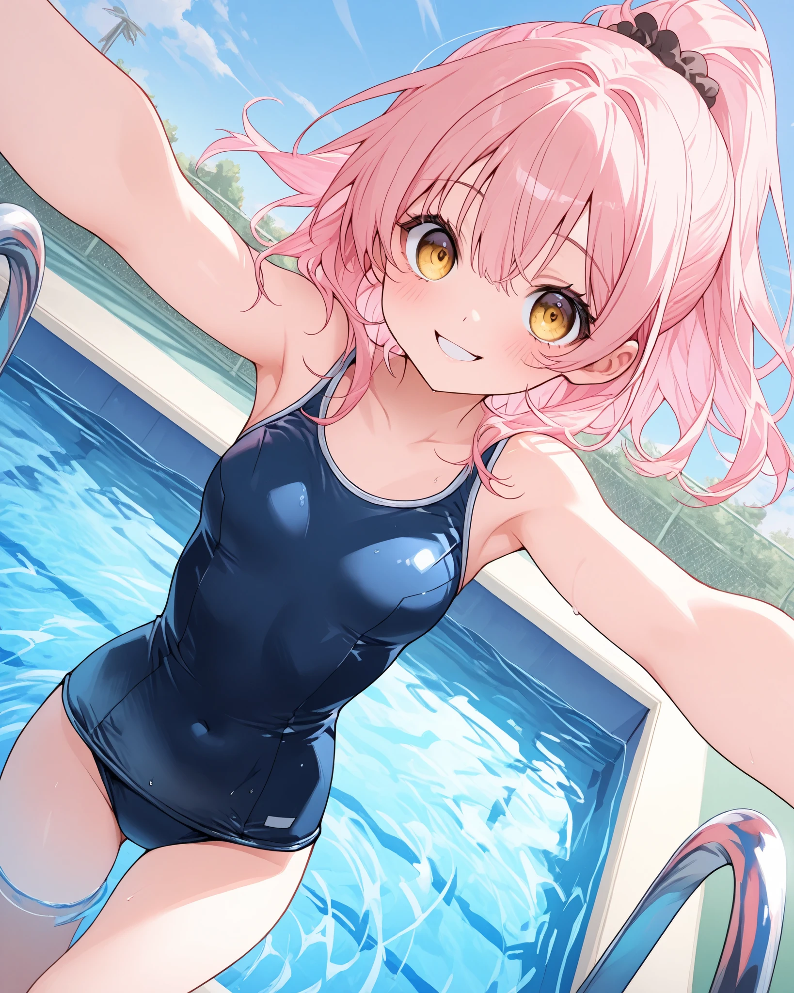 Pink Hair、ピンク目girl、Small breasts、Hair Bun、girl、Small breasts、ta、Bright smile、Looks about 15 yan Musume、short、目のhighlight、Sexy thighs、Wear a school swimsuit、Pool、Show your armpits、Your eyes are so beautiful、highlight