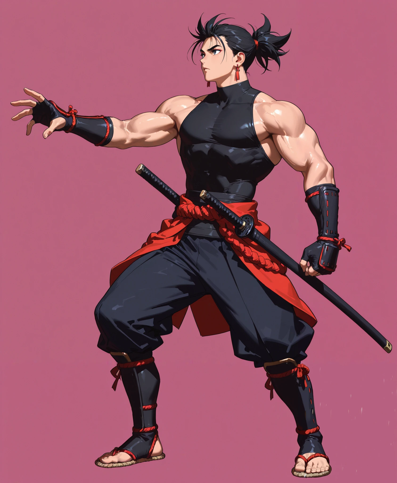 personagem de yu yu hakusho, anime, personagem Hiei, (manter fiel a obra de Yoshihiro Togashi) em pose de pernas cruzadas olhando sua espada, detalhado , no duplication, apenas um personagem ( hiei ) realista, digital illustation, cores vibrantes e saturadas, fundo com uma cidade em ruinas